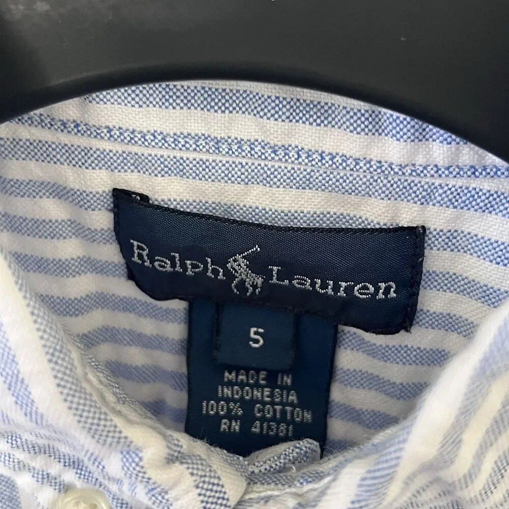 Ralph Lauren Boys Size 5 Classic Blue White Striped Oxford Shirt Pony Logo